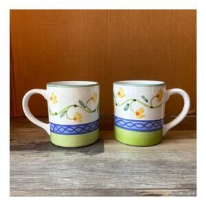 Set/2 Vtg Caleca Hand Painted Floral & Lattice Mugs Yellow Daisy Italian Pottery